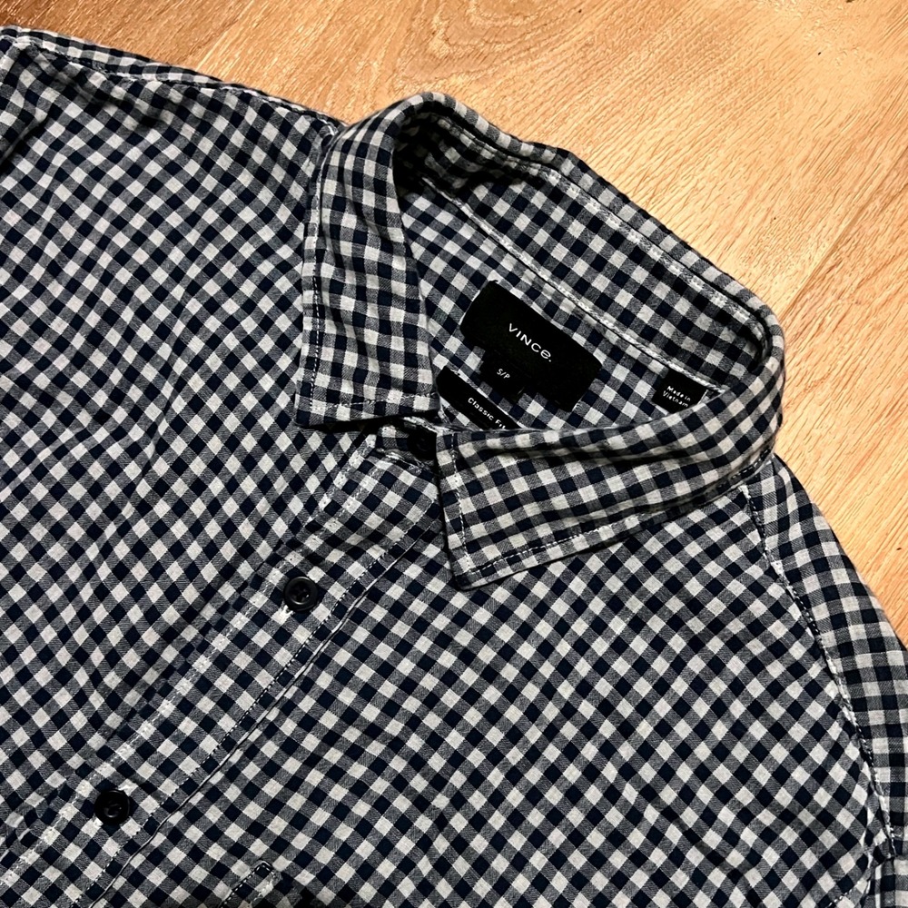 Vince Mens‎ Classic Fit Gingham Button Up Shirt Size S Blue White Long Sleeve